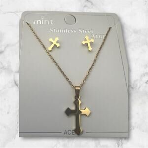 Gold Tone Stainless Steel Cross Pendant Necklace & Earring Set. 18"